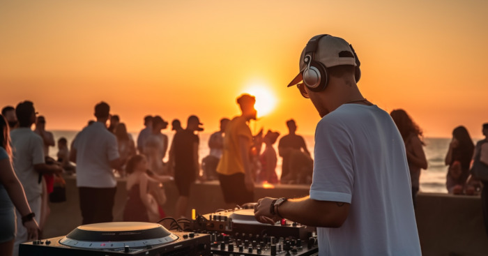 Mixer or dj at summer beach party in magic sunset.