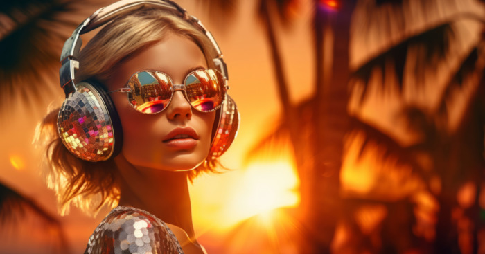 Summer sunset beach disco party. Fashionable girl wearing big headphones and trendy sunglasses